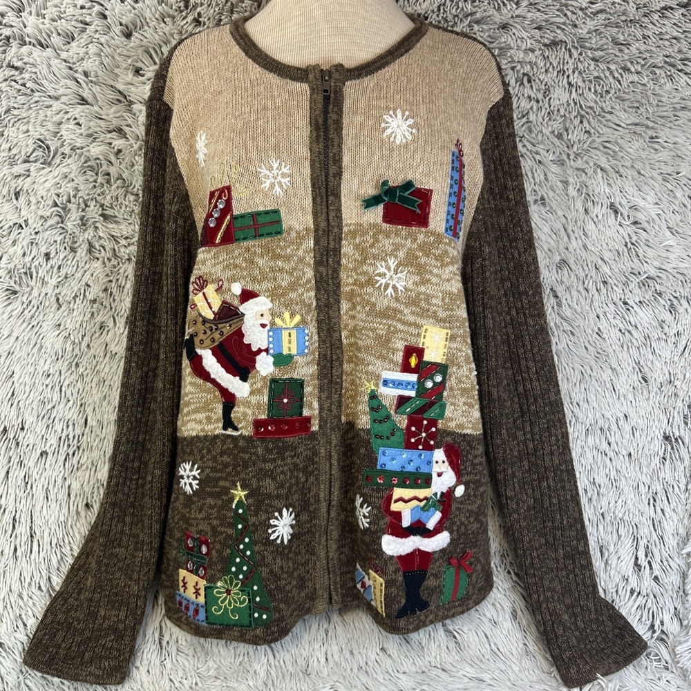 VTG Tiara International Christmas Sweater Beaded Tree Santa Claus Gifts Brown XL
